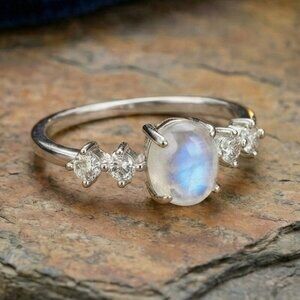 Moonstone Minimalist Ring S925 Sterling Silver Genuine Gemstone CZ Stones Sz 8